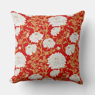 Coussin Red White and Gold Japanese Chrysanthemum Floral