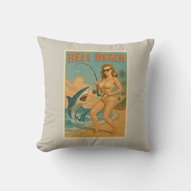 Coussin Reel Beach Shark Fishing Pin-Up Retro Coastal Life (Recto)