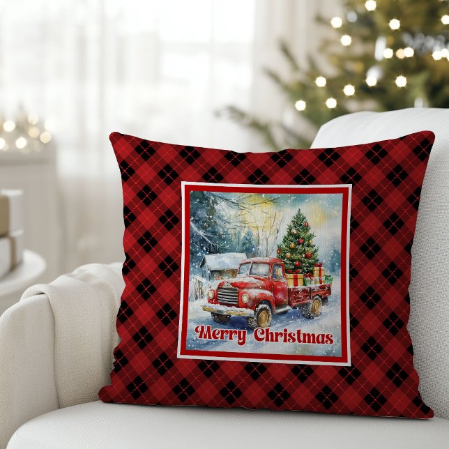 Coussin Refined red truck holiday scene rustic red green  (Refined red truck holiday scene rustic red green pillow

)