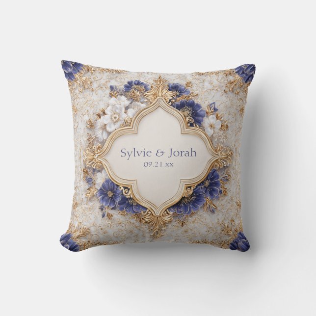Coussin Regal Victorian Blue and Gold Floral Elegance (Recto)