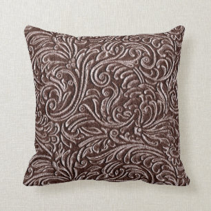 Coussin Regard rustique usiné de chocolat en cuir de brun