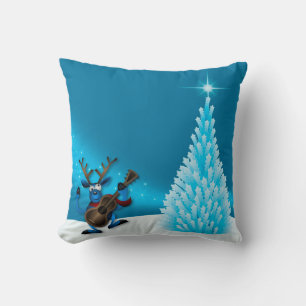 Coussin Reindeer Dancing Guitare Joyeux Arbre de Noël Bleu