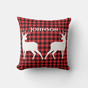 Coussin Reindeer Rouge & Noir Tartan Motif Buffalo Plaid