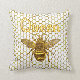 Coussin Reine abeille dorée scintillante en nid d'abeille 