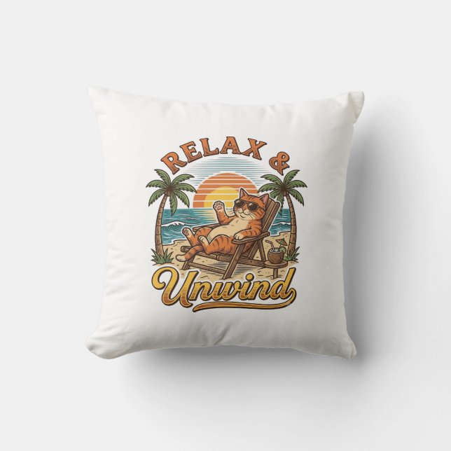 Coussin Relax & Unwind Chat de Plage Design de Gravure Vin (Recto)
