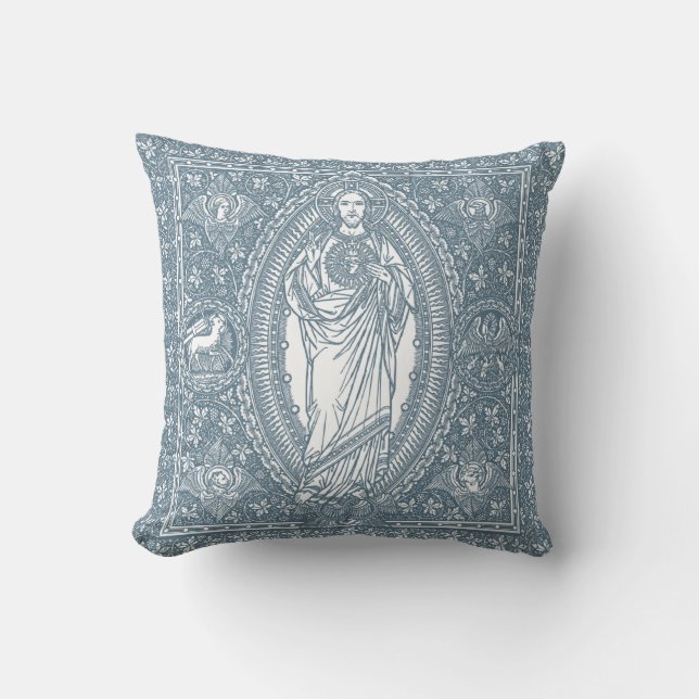 Coussin Religieux Sacré Coeur de Jésus Bleu et Blanc Art (Recto)