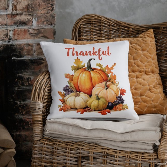 Coussin Remerciements Citrouille automne automne Thanksgiv (Thankful Pumpkin Fall Autumn Thanksgiving Throw Pillow)