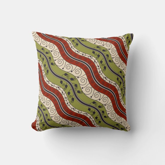 Coussin Remous et vagues en rouge, vert et crème (Recto)