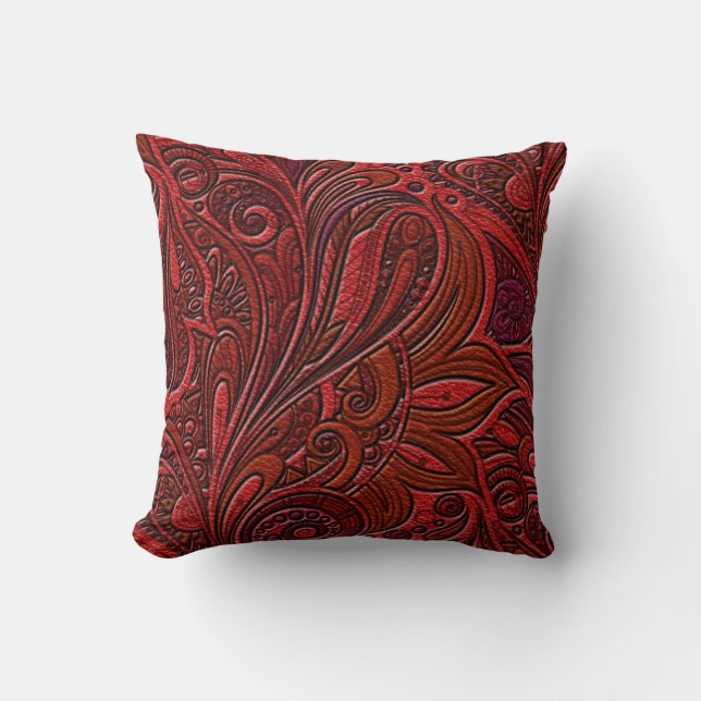 Coussin Remous floral oriental élégant sur le cuir rouge (Recto)