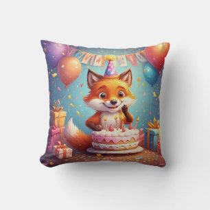Coussin Renard Adorable Célébrant un Anniversaire Joyeux