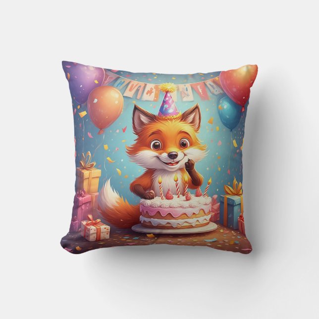 Coussin Renard Adorable Célébrant un Anniversaire Joyeux (Recto)