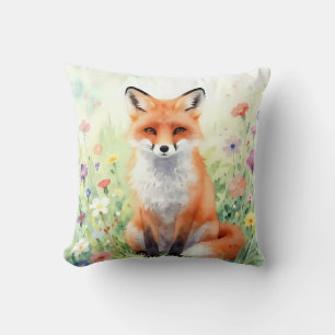 Coussin Renard aquarelle mignon dans les fleurs sauvages