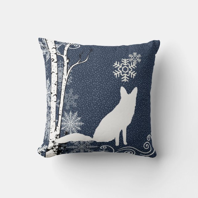 Coussin Renard blanc dans la forêt de bouleaux d'hiver Ore (Recto)
