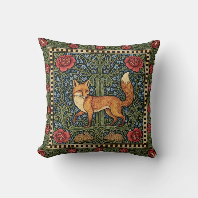 Coussin Renard botanique élégant inspiré de William Morris (Recto)