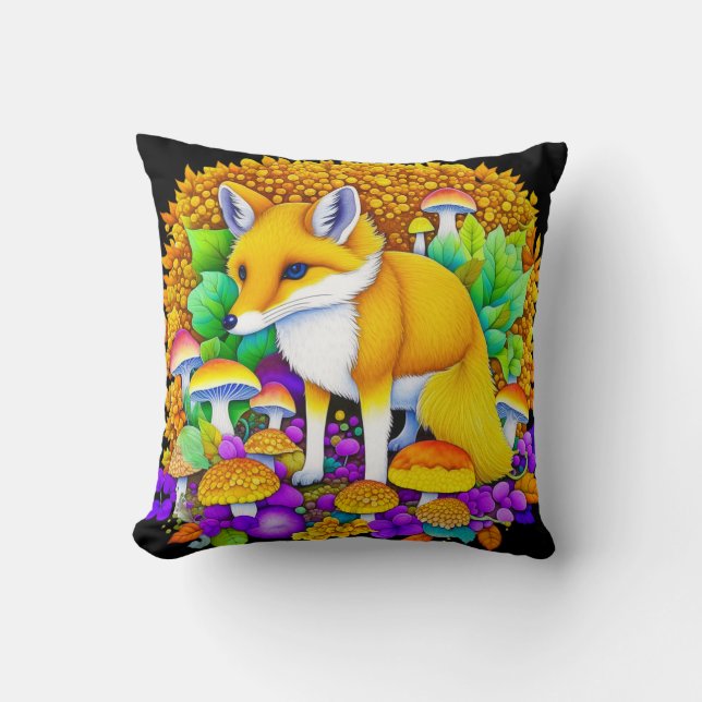 Coussin Renard d'automne dans les champignons et les feuil (Recto)