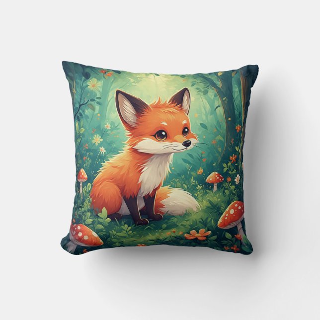 Coussin Renard De Cartoon Adorable Avec Champignons (Recto)