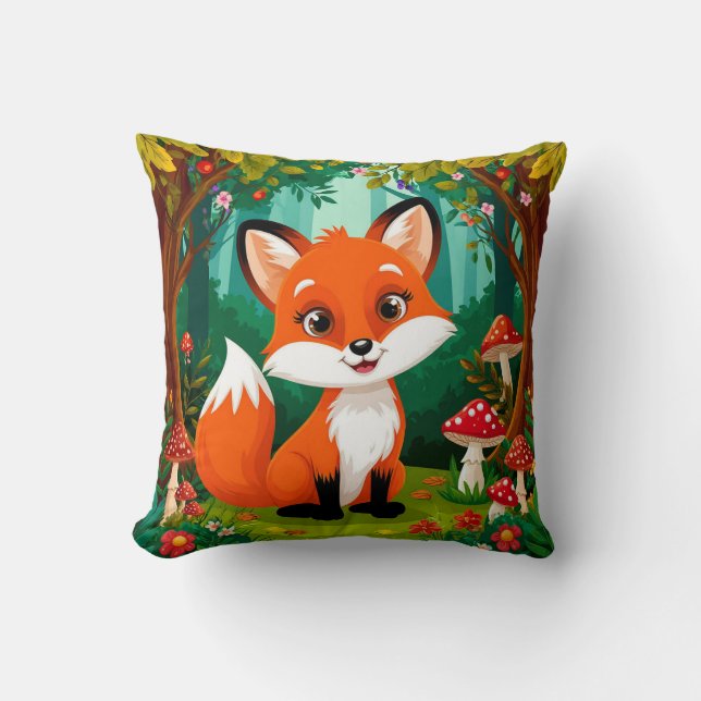 Coussin Renard de dessin animé adorable avec des champigno (Recto)