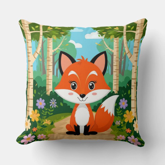 Coussin Renard de dessin animé mignon assis sur un chemin  (Recto)