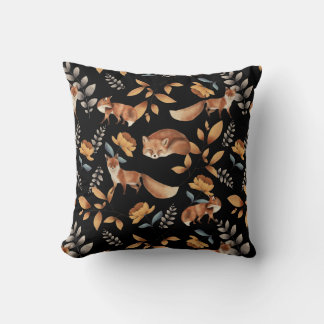 Coussin Renard de la forêt à l'aquarelle Fougères sauvages