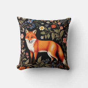 Coussin Renard Élégant Fleur Florale Noir
