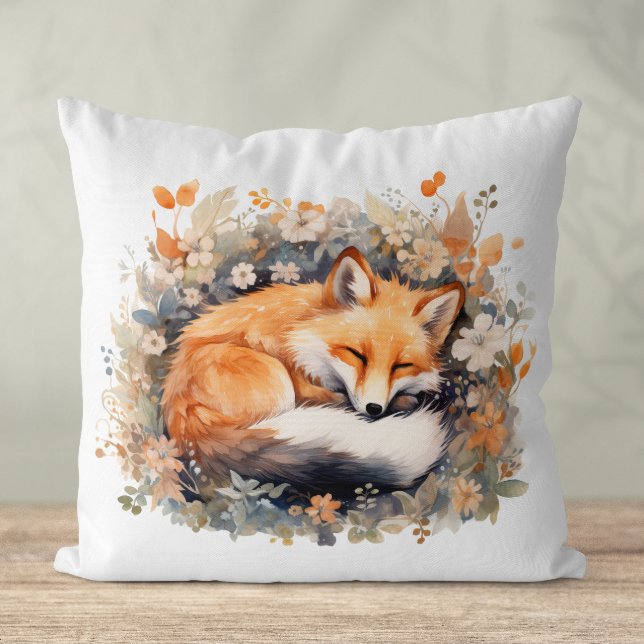 Coussin Renard Endormi Mignon (Cute sleeping fox watercolour pillow)