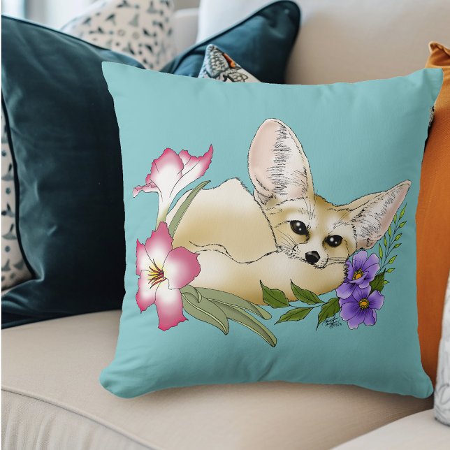 Coussin Renard Fennec Fleurs Roses Violettes Mignon Botani (Créateur téléchargé)