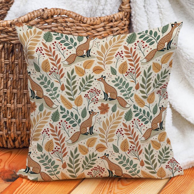 Coussin Renard Feuilles d'Automne Nature Chaude  (Fox and autumn leaves decorator pillow)