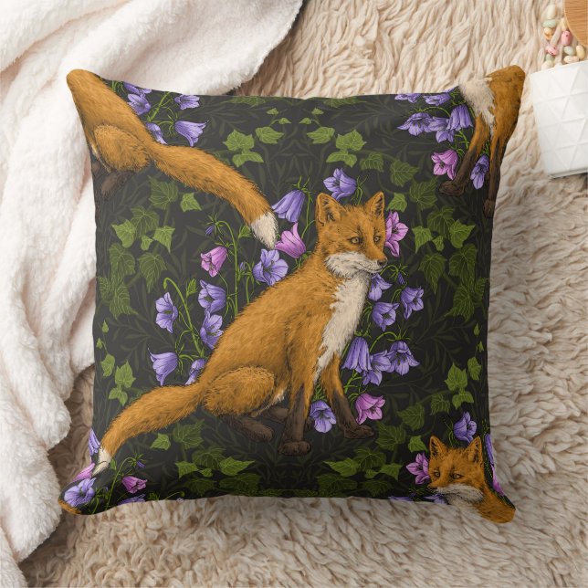 Coussin Renard, fleurs et lierre, vert, orange et viole (Couverture)
