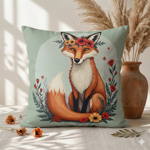 Coussin Renard Floral Envoûtant Art Populaire de la Forêt