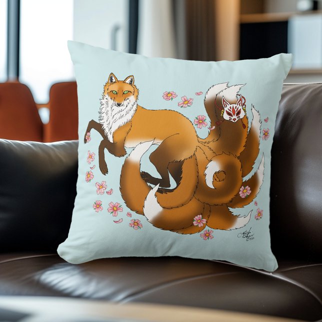 Coussin Renard Kitsune Fantaisiste Fleurs de Cerisier Bleu (Créateur téléchargé)