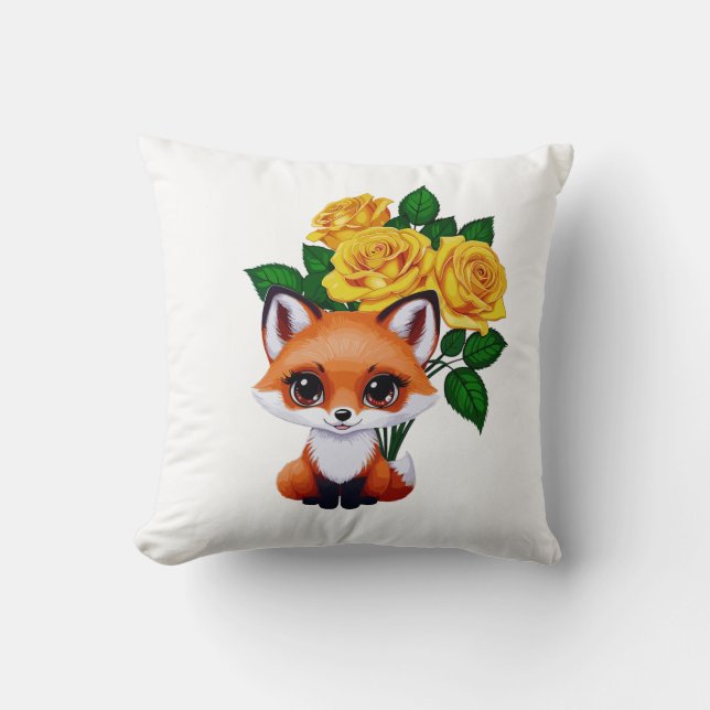Coussin Renard mignon avec Roses Jaunes (Recto)