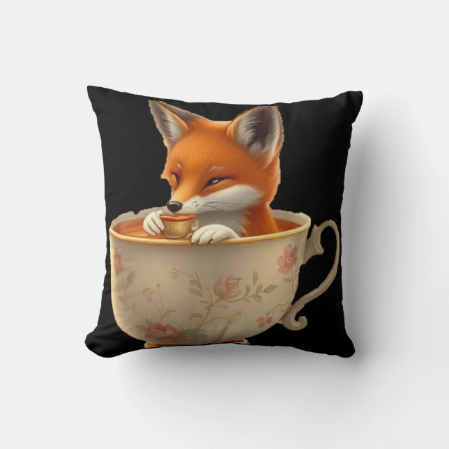 Coussin Renard mignon buvant du thé (Recto)