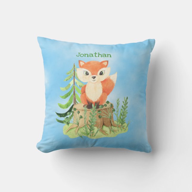 Coussin Renard mignon personnalisé sur une souche (Recto)