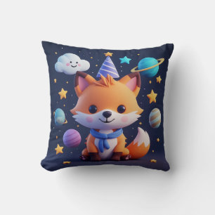 Coussin Renard mignon sur un nuage souriant avec des planè