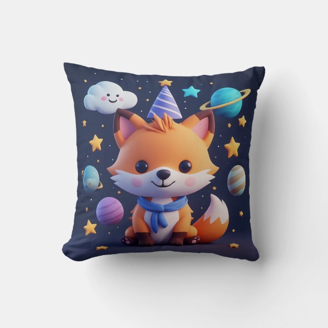 Coussin Renard mignon sur un nuage souriant avec des planè (Recto)