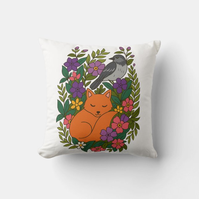 Coussin Renard, pigeon et fleurs (Recto)
