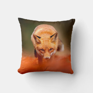 Coussin Renard rouge courant sur les feuilles d'automne or