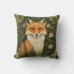 Coussin Renard Rouge Élégant et Feuillage Vert