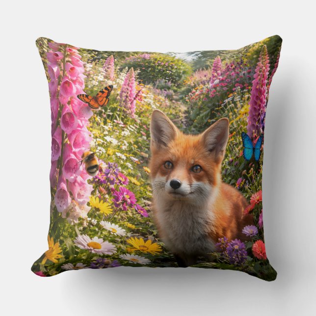 Coussin Renard roux adorable et jardin de fleurs sauvages  (Recto)