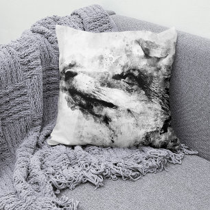 Coussin Renard roux noir et blanc aquarelle 01
