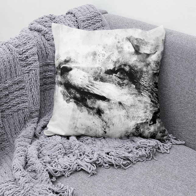 Coussin Renard roux noir et blanc aquarelle 01 (Red Fox Black and White Watercolor 01. Throw Pillow)