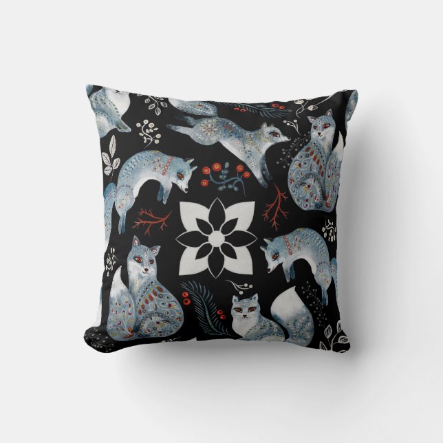 Coussin Renards bleus stylisés avec des motifs floraux com (Recto)