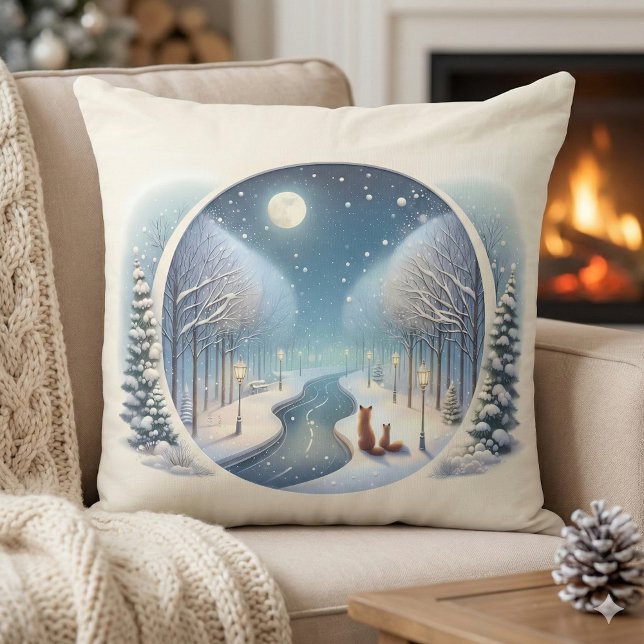 Coussin Renards d'hiver au bord d'une rivière enneigée sou (Winter Foxes by Moonlit Snowy River Throw Pillow Mockup A)