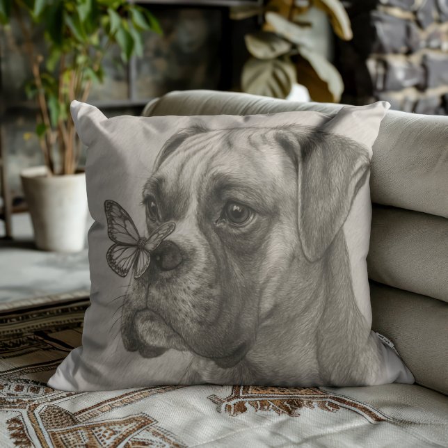Coussin Rencontre douce entre un chien Boxer et un papillo (Créateur téléchargé)