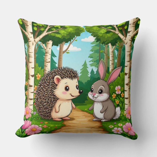 Coussin Rencontre d'un hérisson mignon et d'un lapin (Recto)