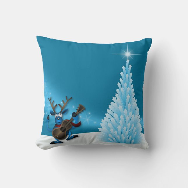 Coussin Renne Dansant Guitare Joyeux Noël Arbre Bleu (Recto)