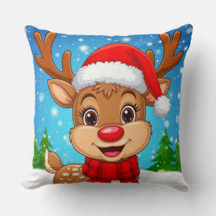 Coussin Renne de dessin animé avec chapeau de Père Noël
