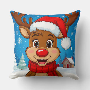 Coussin Renne de dessin animé avec chapeau de Père Noël