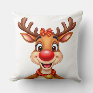 Coussin Renne de dessin animé joyeux avec nez rouge