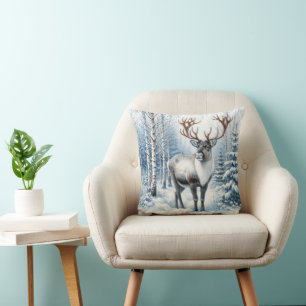 Coussin Renne des bois en forêt hivernale couverture faune